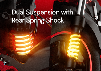 Electric scooter dual suspension system with rear spring shock absorbers, showcasing enhanced comfort, stability, and shock absorption for off-road and urban riding.