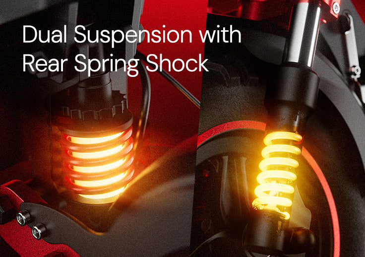 Electric scooter dual suspension with rear spring shock absorber, showcasing front and rear suspension components for improved comfort, stability, and off-road performance.