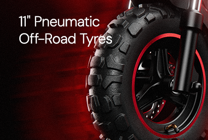 11-inch pneumatic off-road tyre with deep tread mounted on an electric scooter.