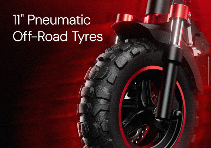 11-inch pneumatic off-road tyres for electric scooter, showcasing rugged tread design for improved grip, stability, and all-terrain performance.