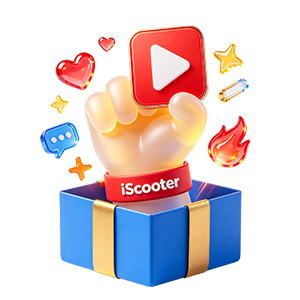 Colorful 3D illustration of a hand emerging from a gift box while holding a play button icon with an iScooter wristband. Floating hearts, chat bubbles, stars, and social media symbols represent joining the iScooter Facebook community and connecting with fellow riders online.