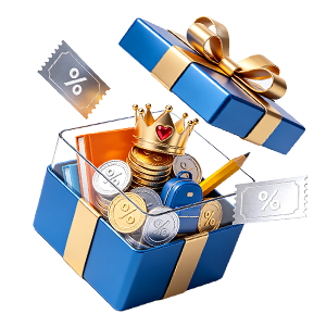 3D illustration of an open gift box filled with coins, discount vouchers, and a golden crown, symbolizing exclusive rewards, member benefits, special offers, and savings available to iScooter members.
