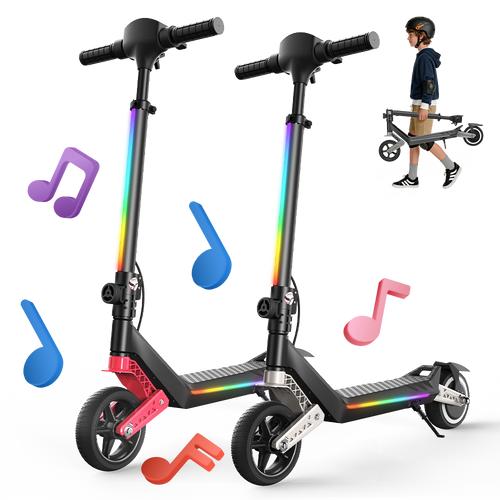 Two black kids' electric scooters with colorful RGB LED light strips are displayed alongside floating music note graphics, with a child carrying a folded scooter to highlight portability.