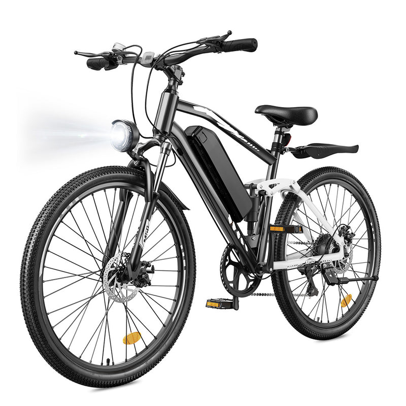 Black and white M50 electric mountain bike with front suspension, integrated battery, rear cargo rack, and bright front headlight displayed on a clean white background.