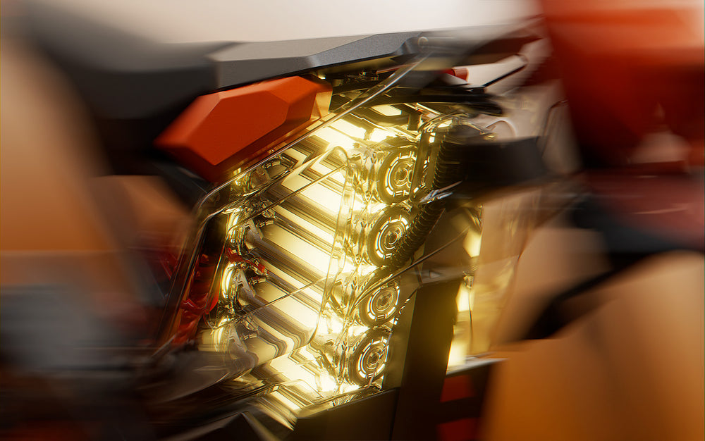 Transparent cutaway view of the iScooter MT2 electric dirt bike battery, showcasing the high-capacity lithium battery cells integrated within the frame for powerful performance, extended range, and efficient energy delivery.