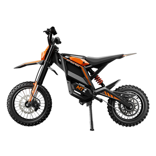 Right-side profile of the iScooter MT2 electric dirt bike in black and orange, featuring knobby off-road tires, front suspension, rear shock absorber, disc brakes, and a high-capacity battery for off-road riding and trail adventures.