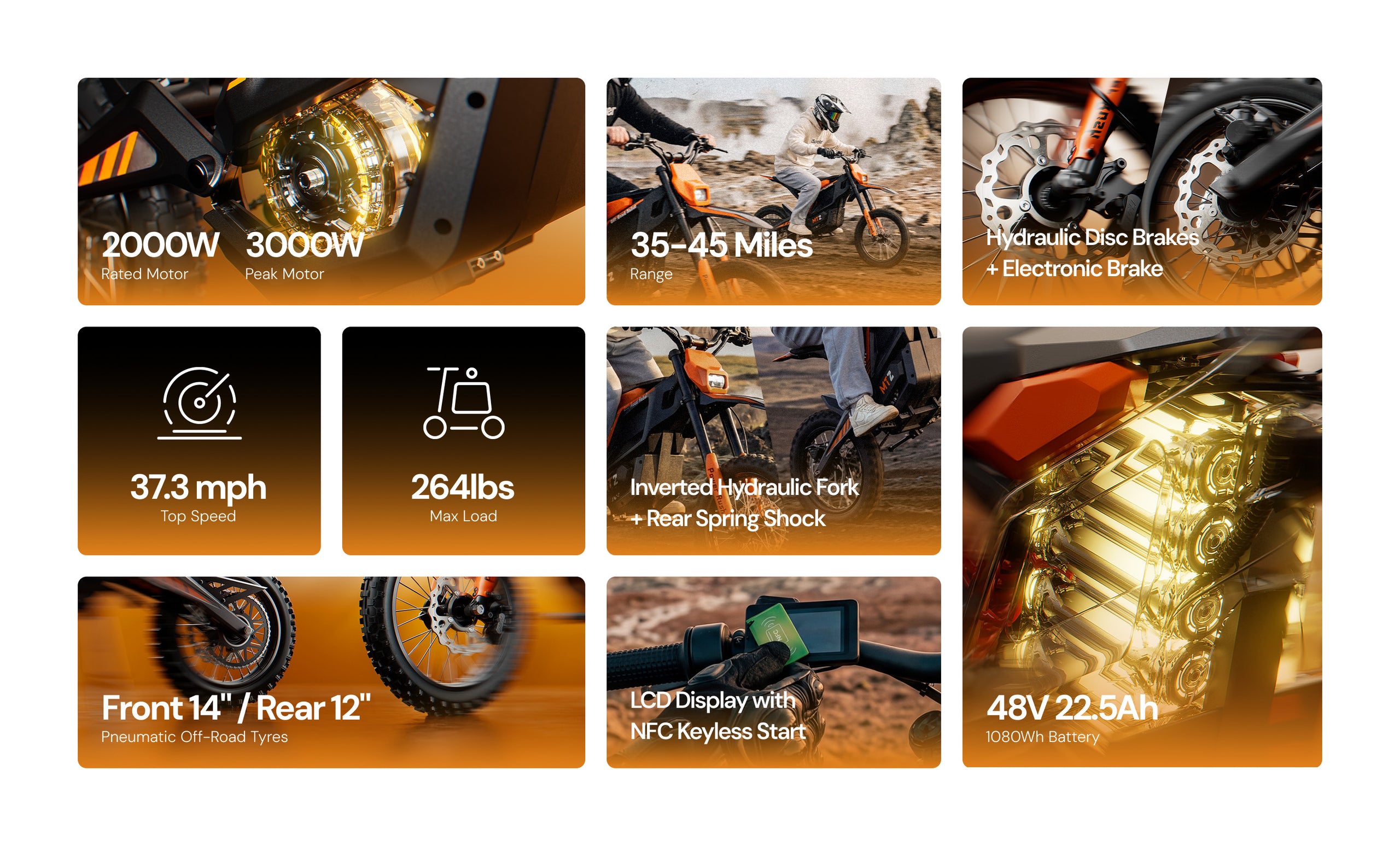 MT2 electric dirt bike specification overview featuring 3000W peak motor, 35–45 mile range, 37.3 mph top speed, 264 lb max load, hydraulic disc brakes, front and rear suspension, LCD display with NFC keyless start, and 48V 22.5Ah battery.