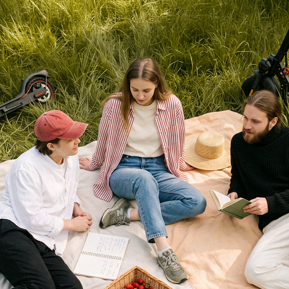 Three friends enjoying a picnic on a blanket in a grassy park, talking and reading beside electric scooters parked nearby. A basket of fruit, notebooks, and a straw hat create a relaxed outdoor setting that highlights friendship, shared experiences, and group rides.