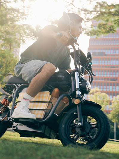 A young man wearing a helmet rides a grey DX5 electric scooter across a grassy field, with a picnic blanket and baguette visible in the storage frame against a blurred city backdrop.
