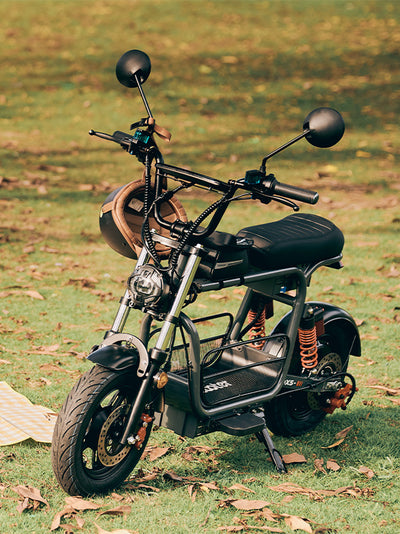 A high-angle view of a grey DX5 electric scooter parked on a grassy field, with a helmet hanging from the handlebars next to a picnic blanket.