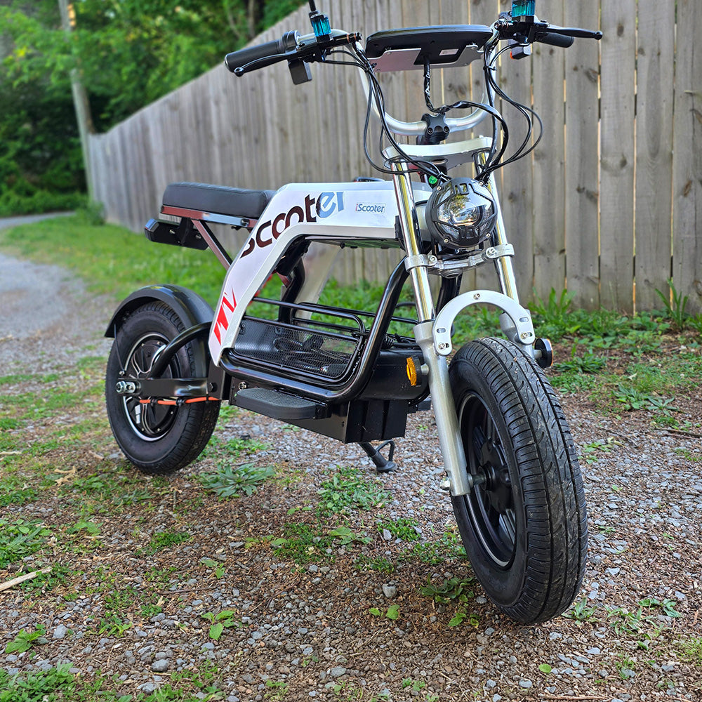 White and black iScooter DX5 Pro electric bike parked on a gravel path.