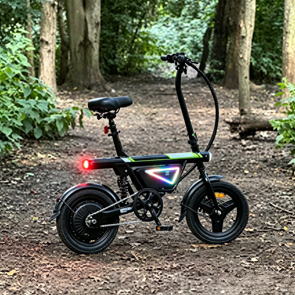 A black iScooter EB1S electric bike with red tail light turned on, parked in a wooded area.