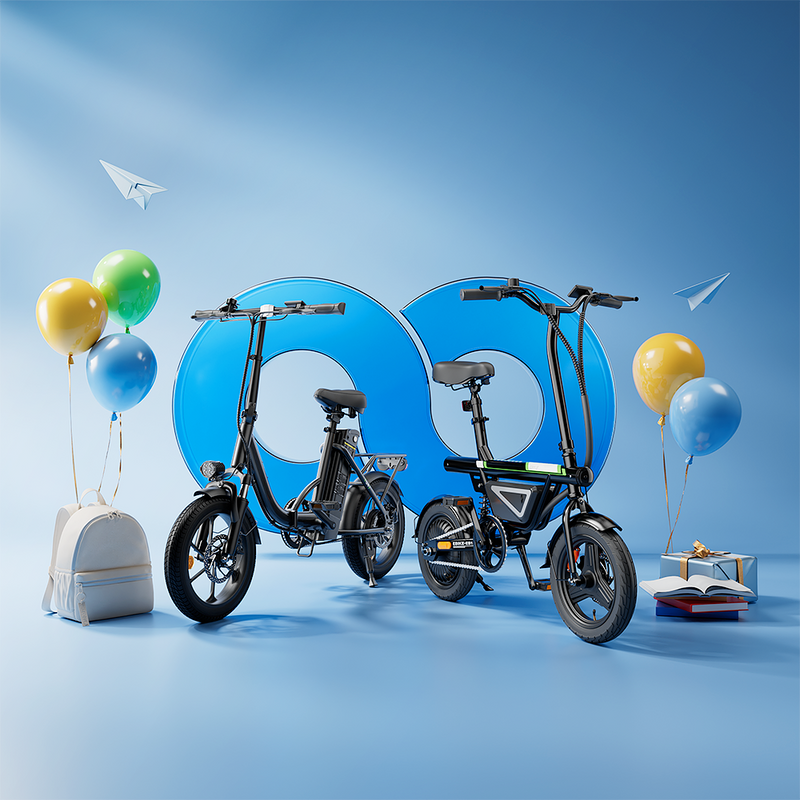 Back-to-school electric bike banner featuring two folding e-bikes with backpacks, books, balloons, and school-themed graphics.