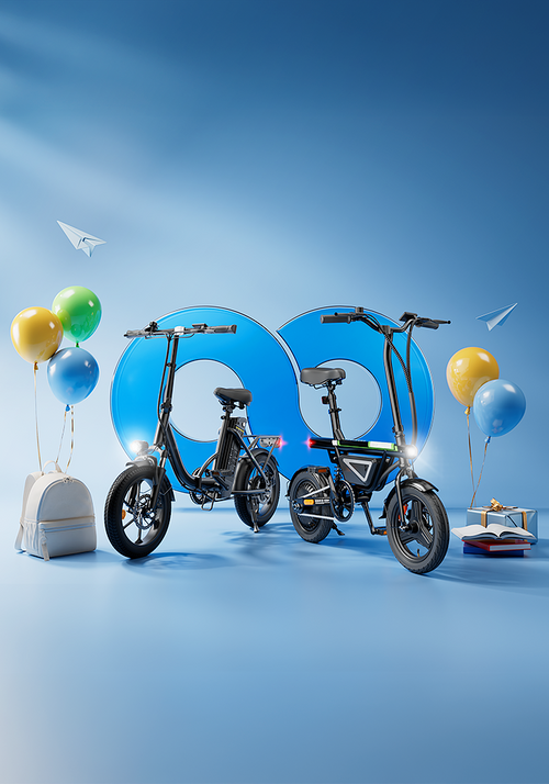 Back-to-school electric bike banner featuring two folding e-bikes with backpacks, books, balloons, and school-themed graphics.