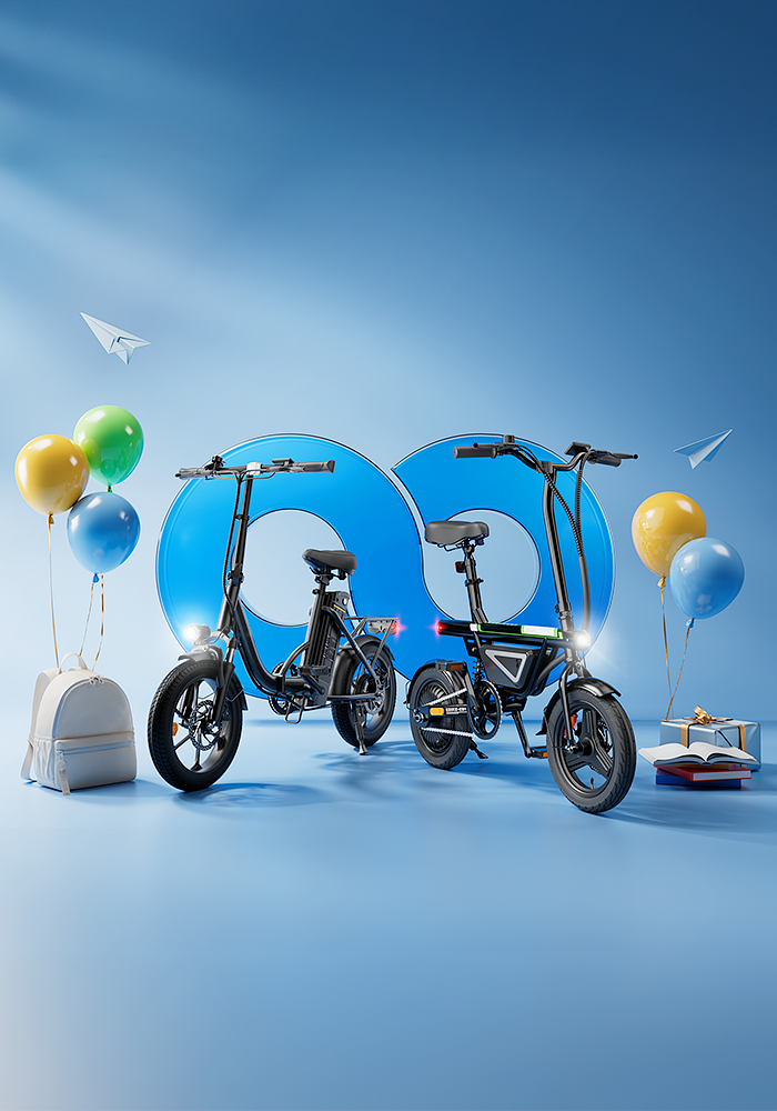 Back-to-school electric bike banner featuring two folding e-bikes with backpacks, books, balloons, and school-themed graphics.