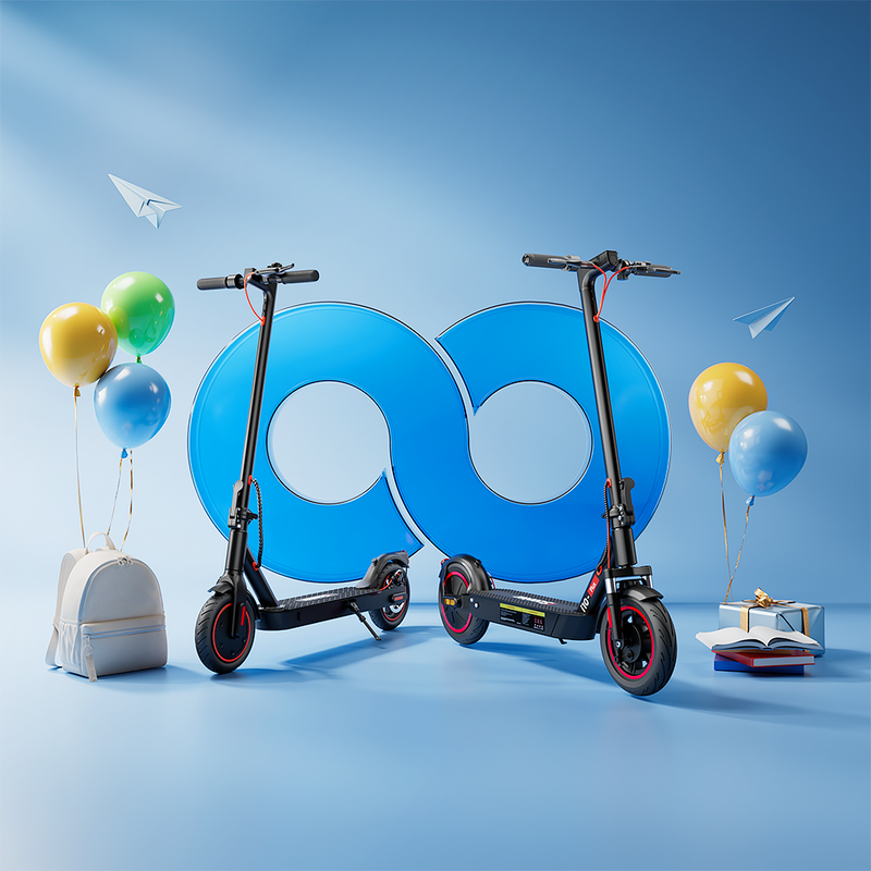 Back-to-school banner featuring two kick scooters with backpacks, books, balloons, and school-themed graphics.