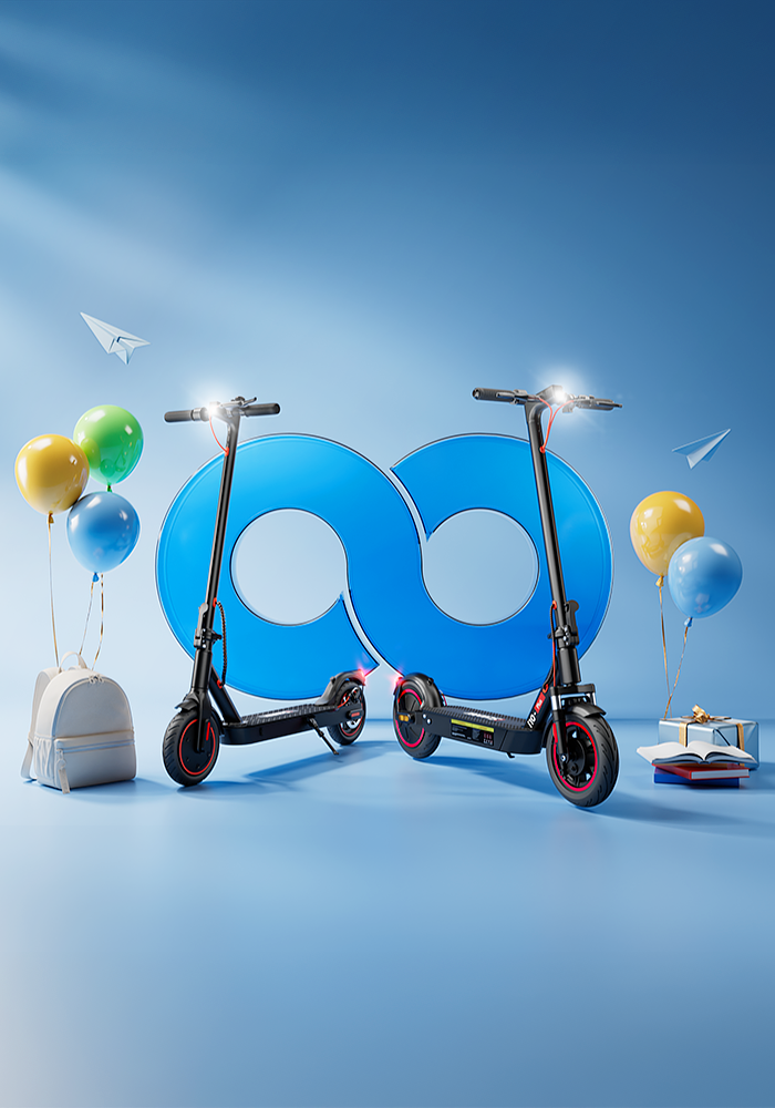 Back-to-school electric scooter banner featuring two commuter scooters with backpacks, books, balloons, and school-themed graphics.