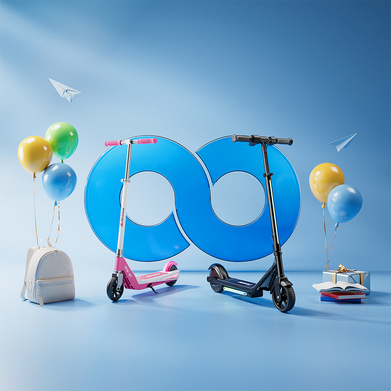 Back-to-school banner featuring two kick scooters with backpacks, books, balloons, and school-themed graphics.