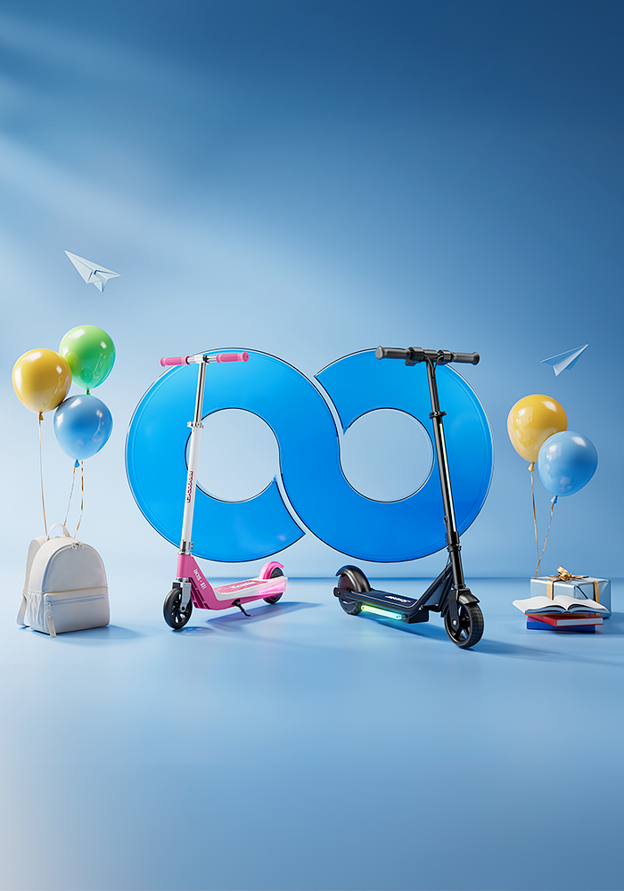 Back-to-school kick scooter banner featuring two kick scooters with backpacks, books, balloons, and school-themed graphics.