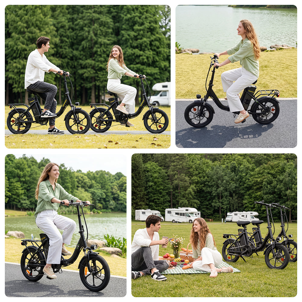 Lifestyle collage showing a couple riding compact folding electric bikes in a park and lakeside setting. The four images feature solo rides, riding together, and a picnic beside the bikes, highlighting comfortable commuting and outdoor leisure use.