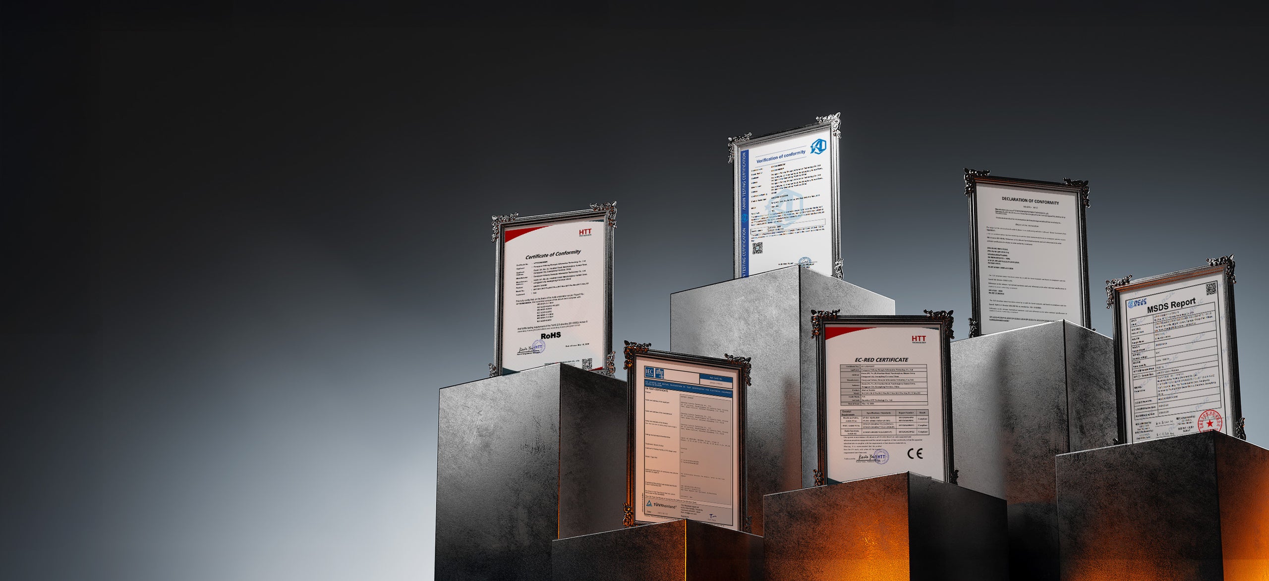 Framed compliance certificates and product reports displayed on metallic pedestals.