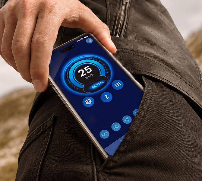 A smartphone showing an electric scooter companion app tucked into a rider's back pocket.