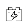A black line-art icon showing a car battery with positive and negative terminals and a lightning bolt inside a circular frame.