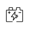 A black line-art icon showing a car battery with positive and negative terminals and a lightning bolt inside a circular frame.