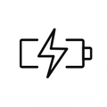 A black line-art icon showing a battery with a lightning bolt inside a circular frame.
