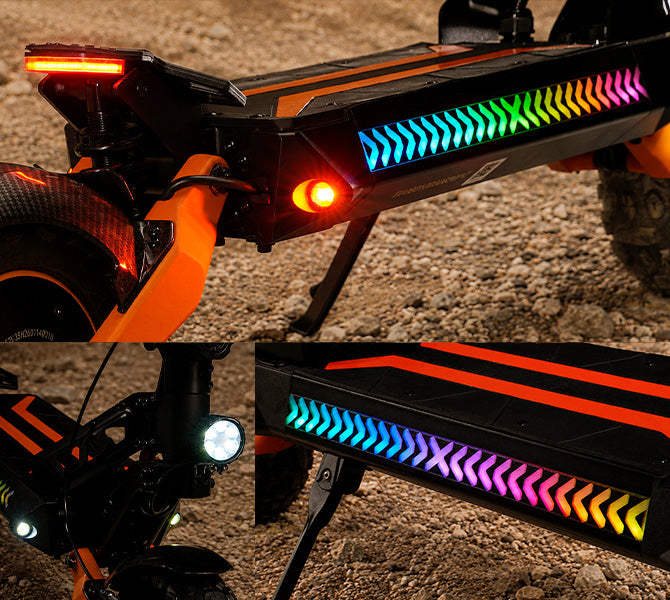 Composite view of an off-road electric scooter highlighting rear tail lights, front LED headlight, and multi-color LED side deck lights.