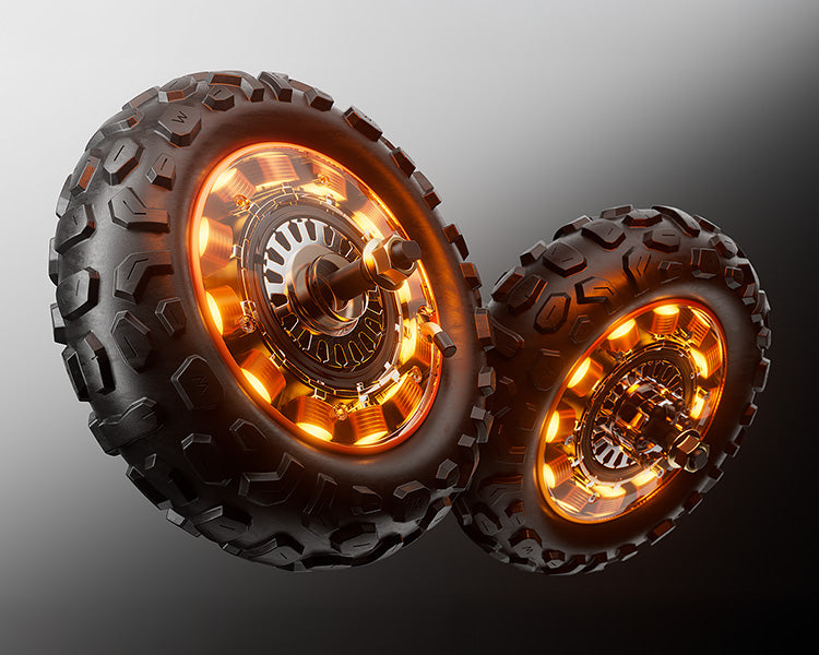 Off-road electric scooter wheels featuring dual hub motors with glowing orange inner coils.