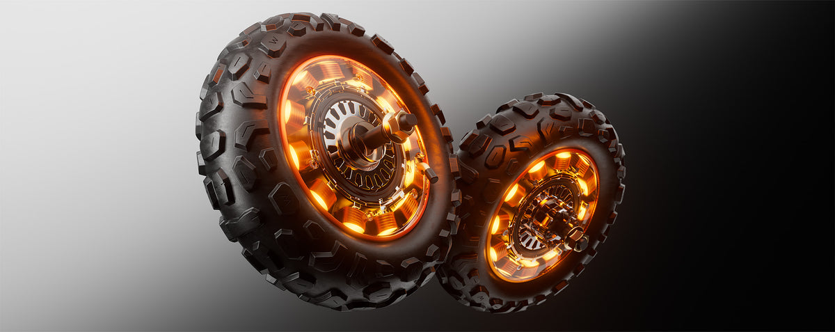 Off-road electric scooter wheels featuring dual hub motors with glowing orange inner coils.