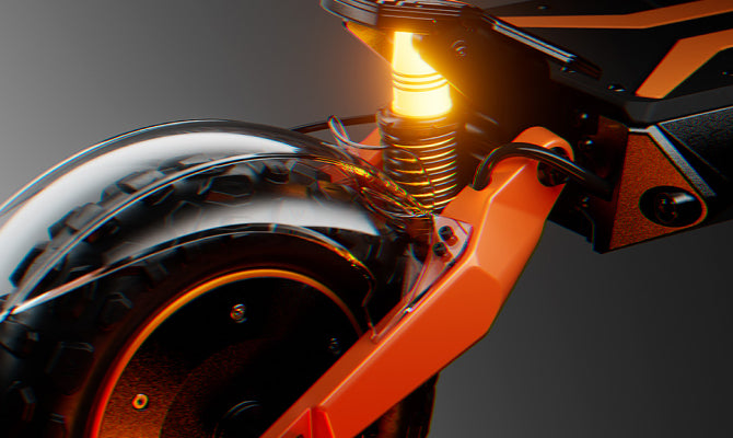 Close-up of an electric scooter rear wheel with orange suspension and a illuminated shock absorber.
