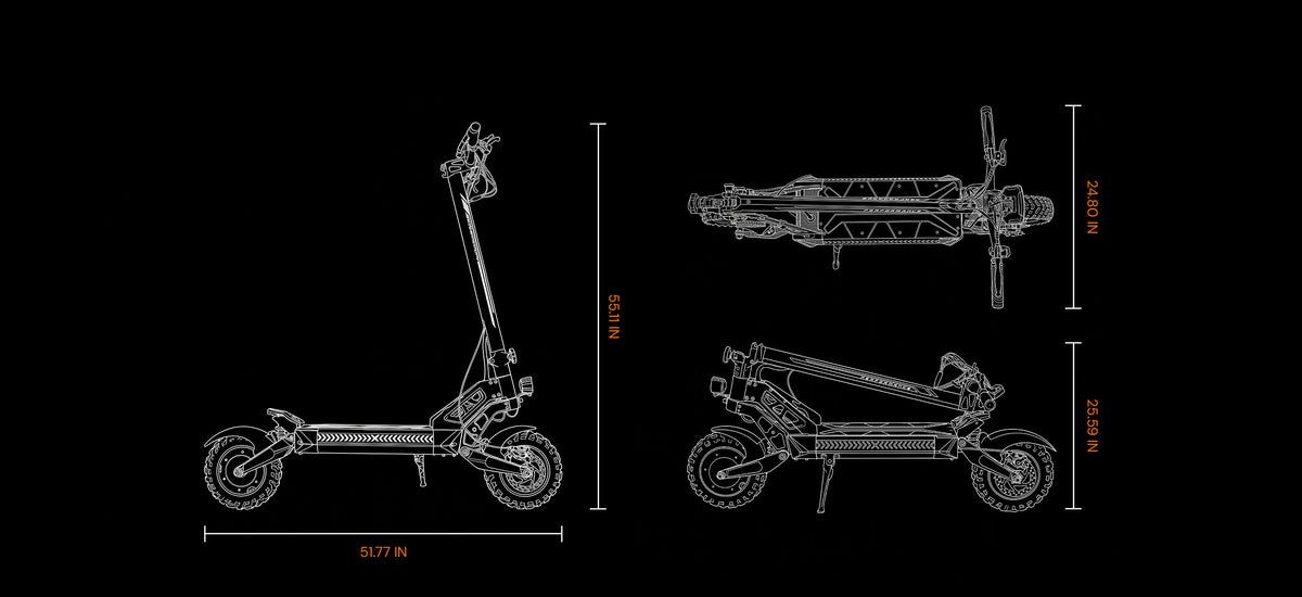 Dimension diagram of the iScooter W12 electric scooter displaying unfolded, top, and folded measurements.