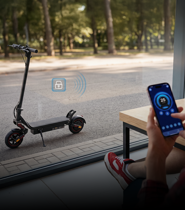 A person holding a smartphone controlling a parked electric scooter via a mobile app near a window.
