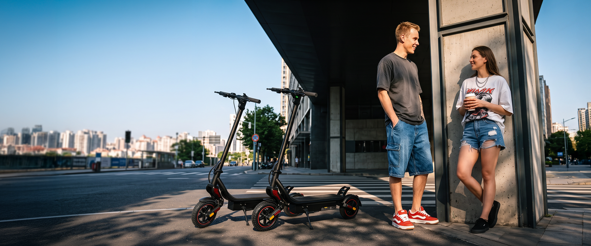 A young man and woman chatting near a concrete pillar outdoors, with two black electric scooters with red wheel accents parked on the sidewalk beside them.
