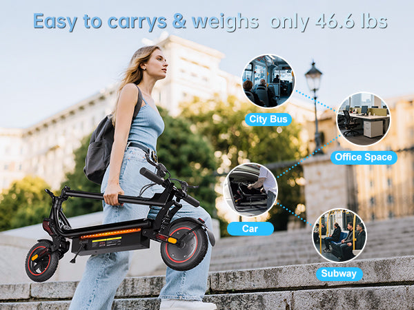 A woman carrying a folded black electric scooter outdoors with graphics highlighting portable use cases.