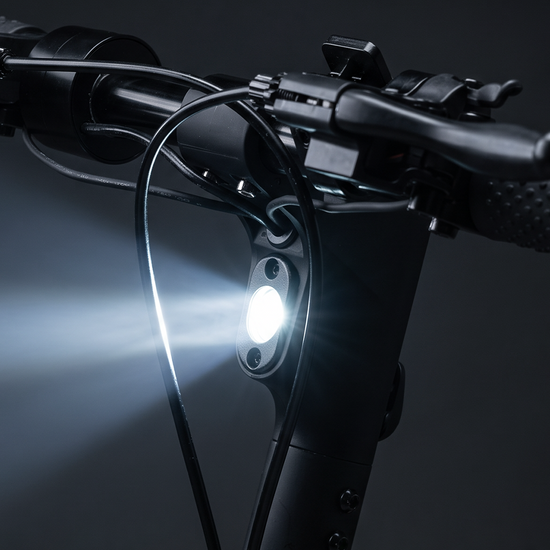 Electric scooter handlebar stem featuring a brightly lit front LED headlight beam.