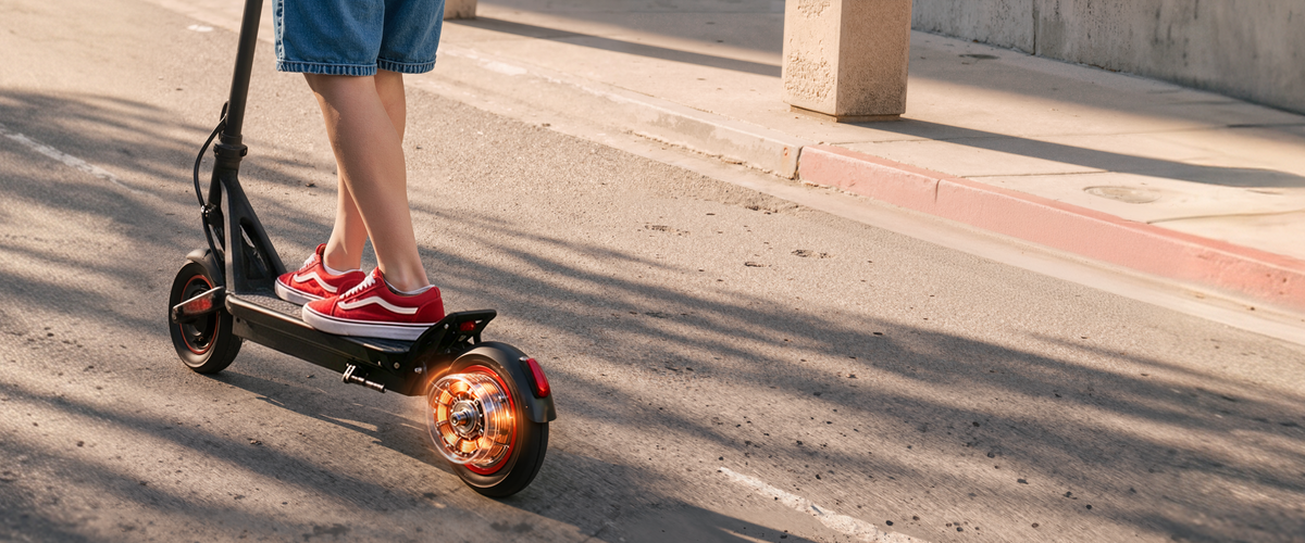 Wide banner image of a rider on a black electric scooter cruising along a dirt trail on a sunny day.