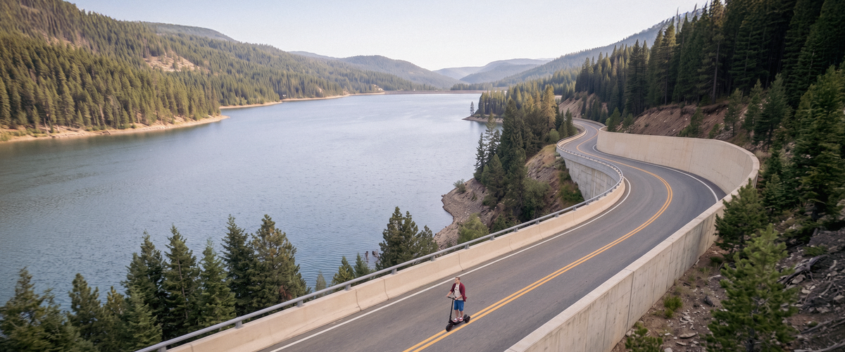 High-angle shot of a person riding an electric scooter along a winding paved road bordered by a lake and pine-forested mountains.