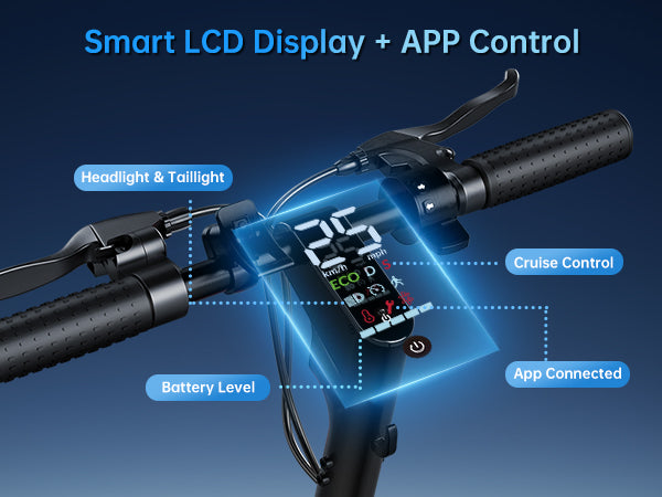 Electric scooter handlebar assembly highlighting a smart LCD display and key dashboard features.