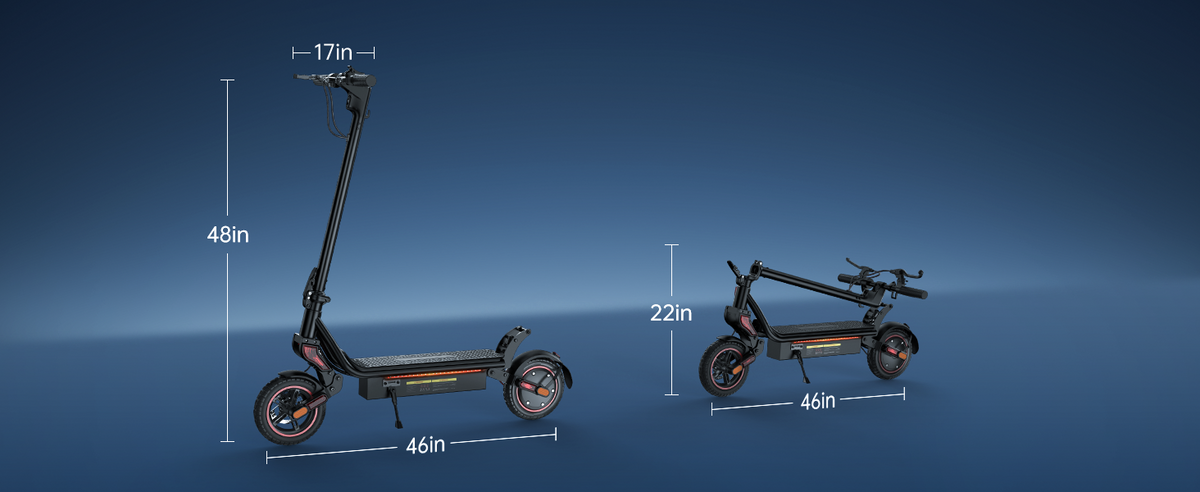 Dimension diagram of an electric scooter shown upright and folded.