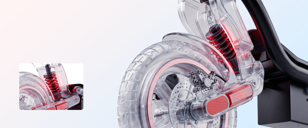 Electric scooter front wheel and transparent suspension assembly diagram with a small inset detail view.